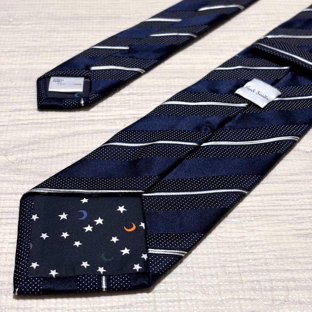 Used Paul Smith Necktie Current Tag Navy Stripe Dot Silk Starry Sky Pattern Made in Japan Business Formal