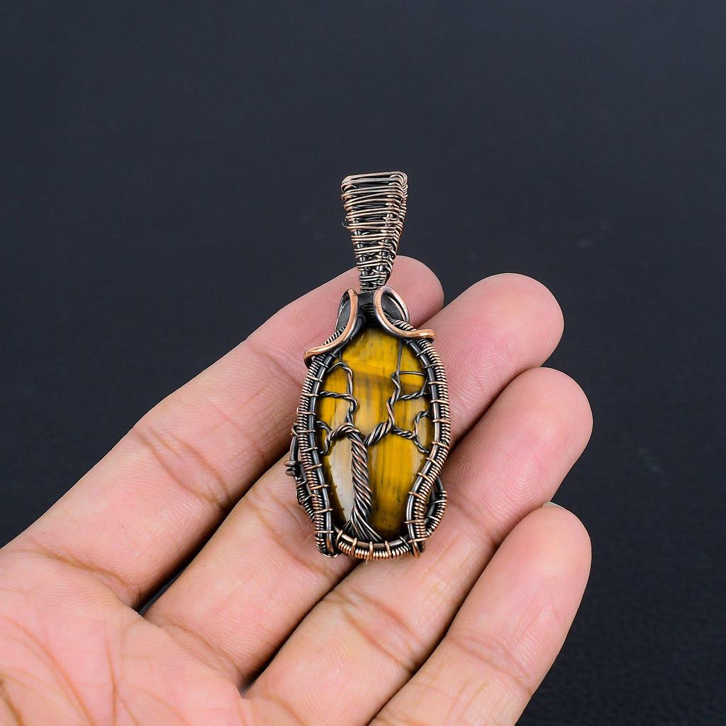 Tigeröga 999 koppartrådslindat hänge, handgjort ädelstenshänge, present till mamma antika smycken