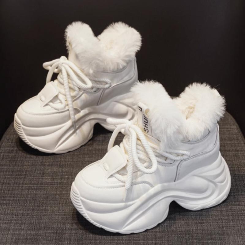 

Большие хлопковые зимние сапоги, увеличивающие рост, хлопковые туфли женские 2025 новые, зимняя подошва, белый бархат, утолщенные туфли, спортивные, папа 40 белый