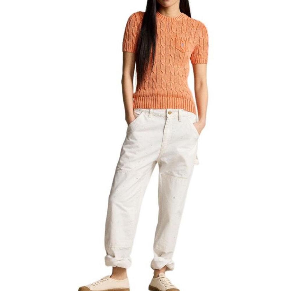 Polo Ralph Lauren Ss24 Solid Color Logo Embroidered Crew Neck Slim Fit Short Sleeve Knit Top Women tops Orange WMPOSWENC020959-800