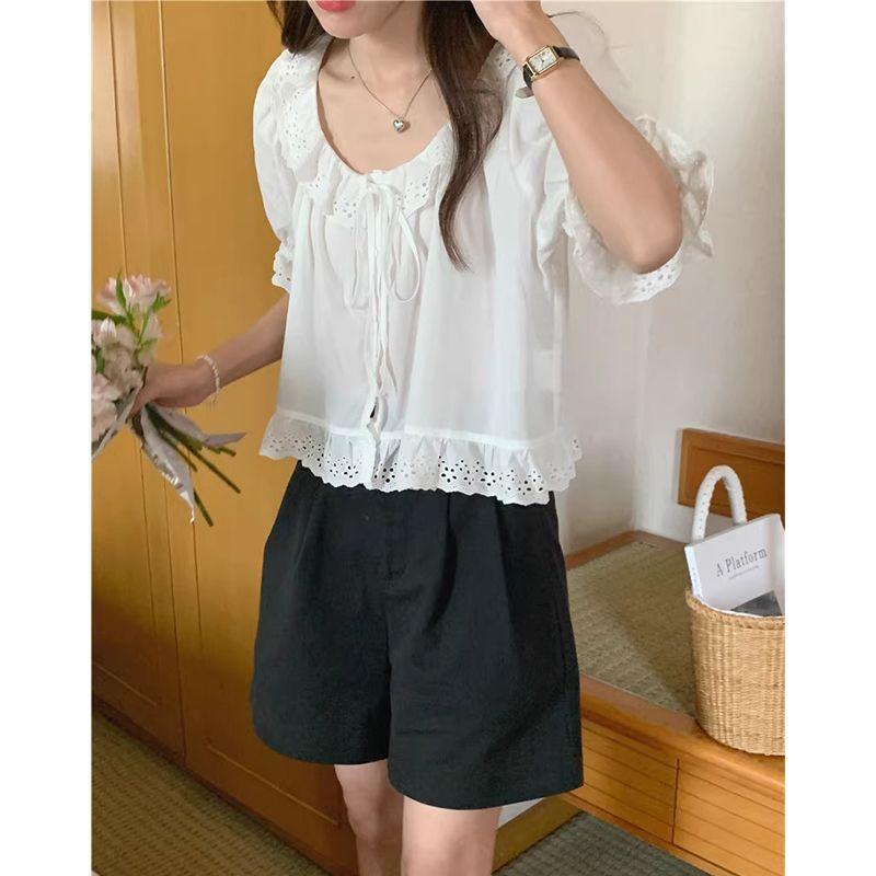 

Dongdaemun Oni South Korea Shoelace Loose Short Sleeve Lace White All yards