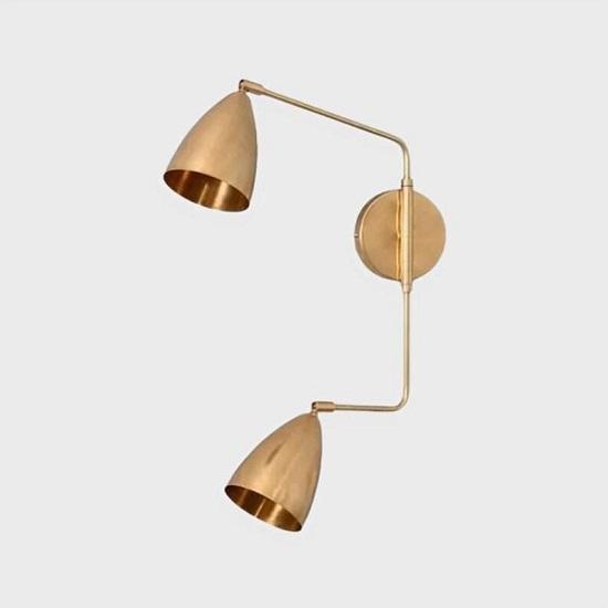 Handcrafted Twin Shade Wall Sconce  Dual Light Brass Bedside Lamp with Curved Arms, Inspired Pendant Design