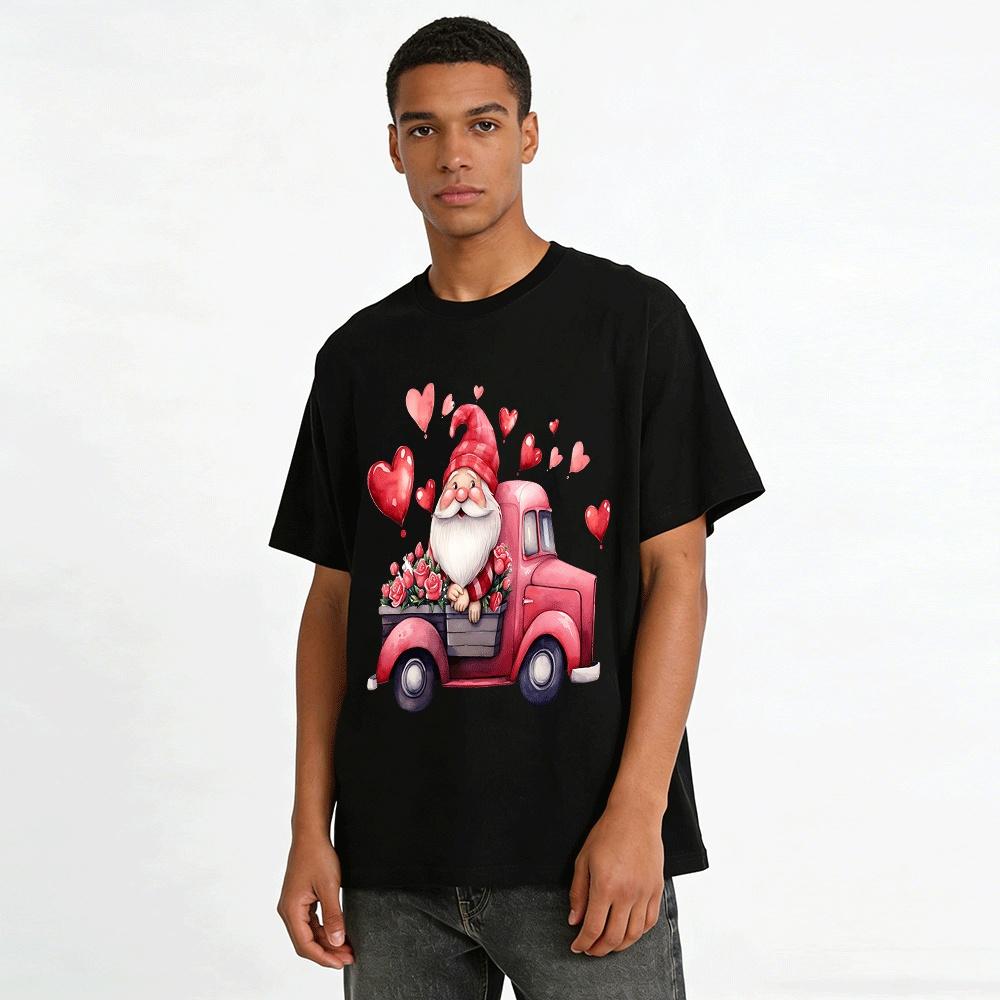 Valentine's Day Gnome Vintage Truck Rose Heart Print Casual Top Pure Cotton T-shirt