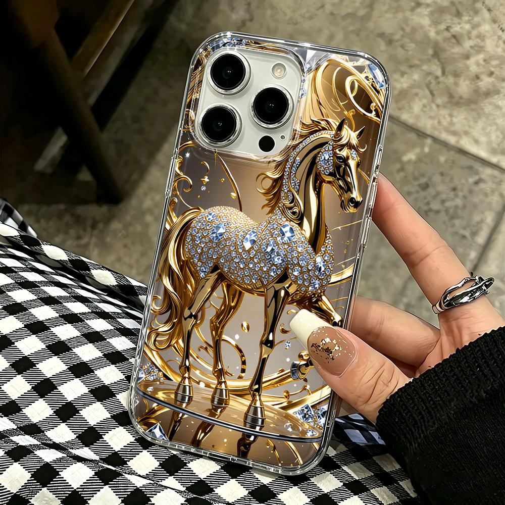Pattern Diamond-Encrusted Golden Horse Phone Case For Iphone 17 Pro Max 16 15 Pro 14 13 12 11 17 Air 16 Plus Soft Clear Cover