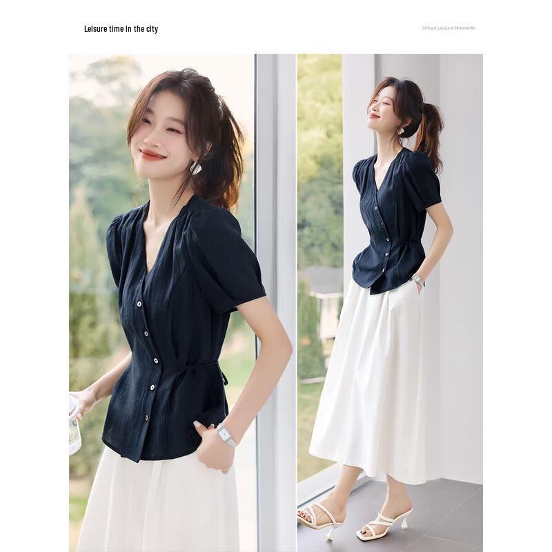 French Retro Puff Sleeve Tie-Waist Short Sleeve Shirt