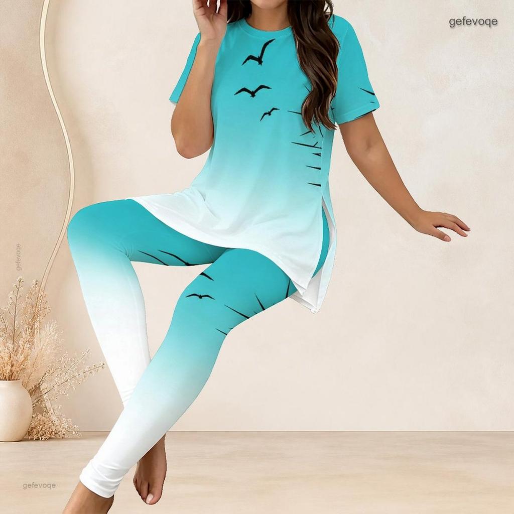 Women Plus Size Round Neck Short Sleeve Gradient Printed Longline Top Fitted Pants Two Piece Set