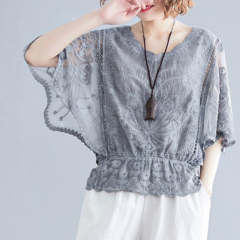 Spring Summer Women Blouses Bat Sleeves Flower Lace Chiffon Blouse Hollow Out Blouses Plus Size Shirts Women Shirt Tops
