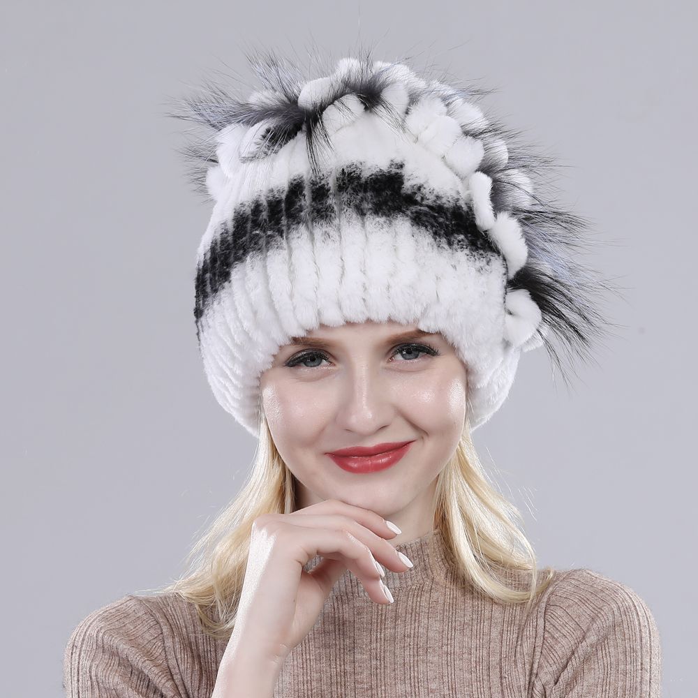 

Real Fur Beanies Hat Russia Women Winter Elastic Knitted Rabbit Fur Cap Real Rex Rabbit Fur Hats