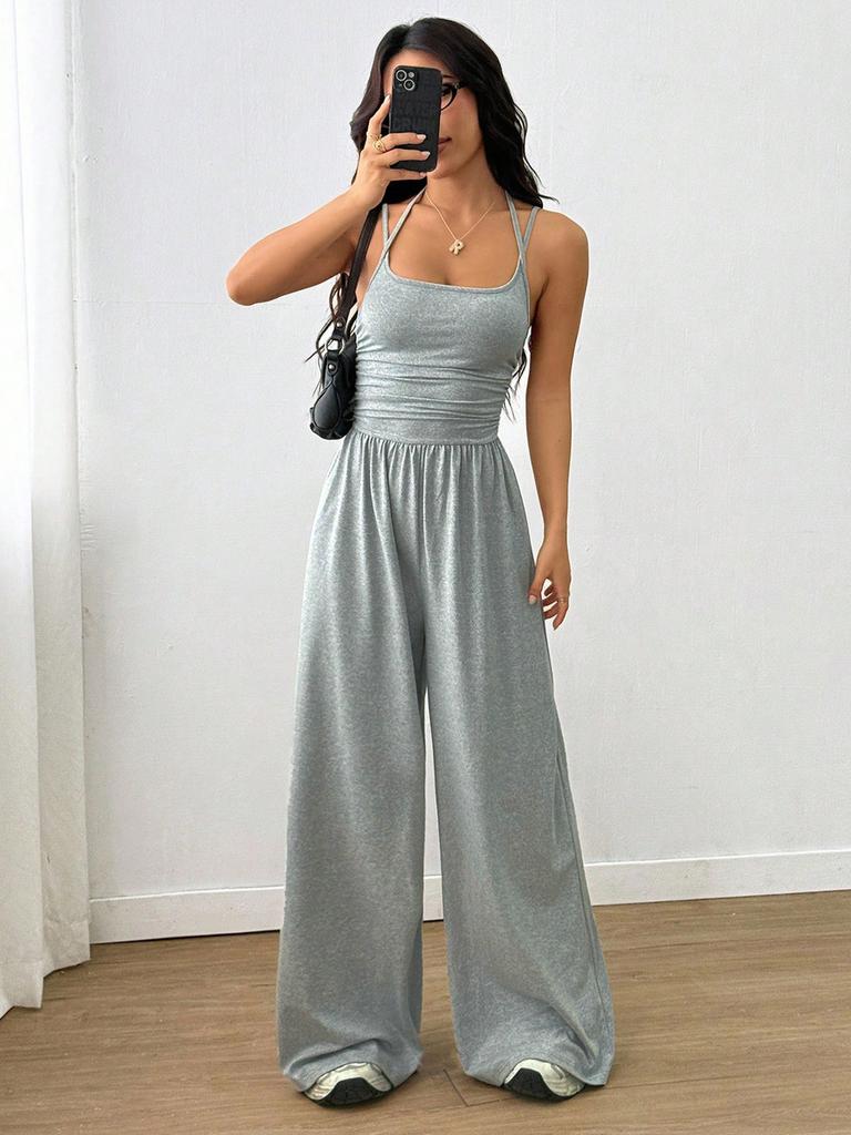 Combinaison d'été à bretelles pour femme, style wrap décontracté, body, jambe large, coupe ample