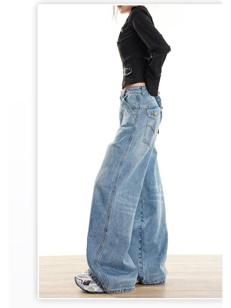 Women's Retro Wide-Leg Jeans: American Design, HK Style, Loose Straight-Leg, Floor-Length