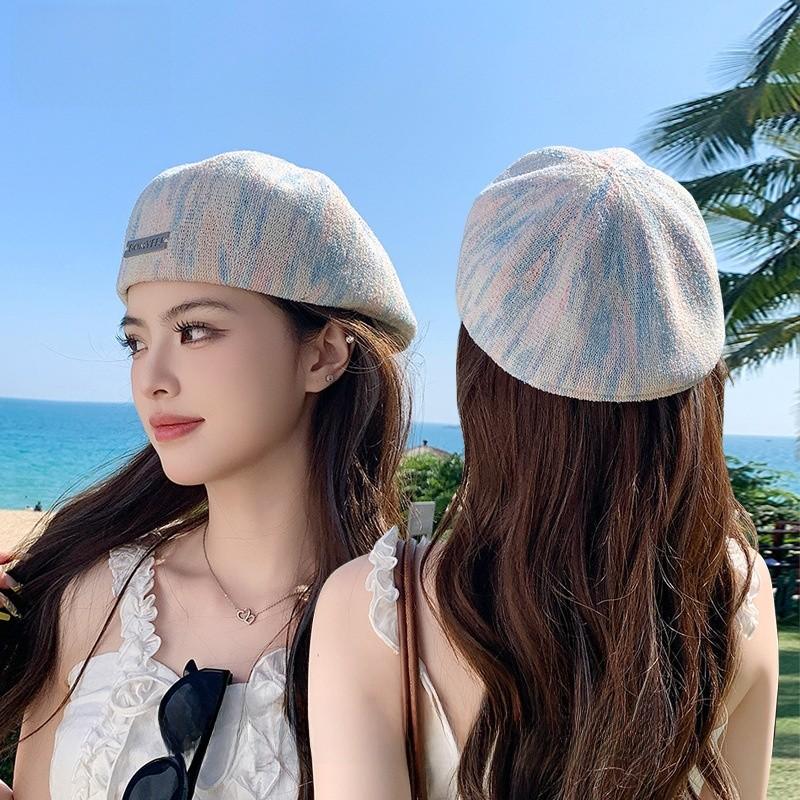 Womens Vintage Style Beret Cap With Short Brim Sunshade Breathable Polyester Summer Accessory