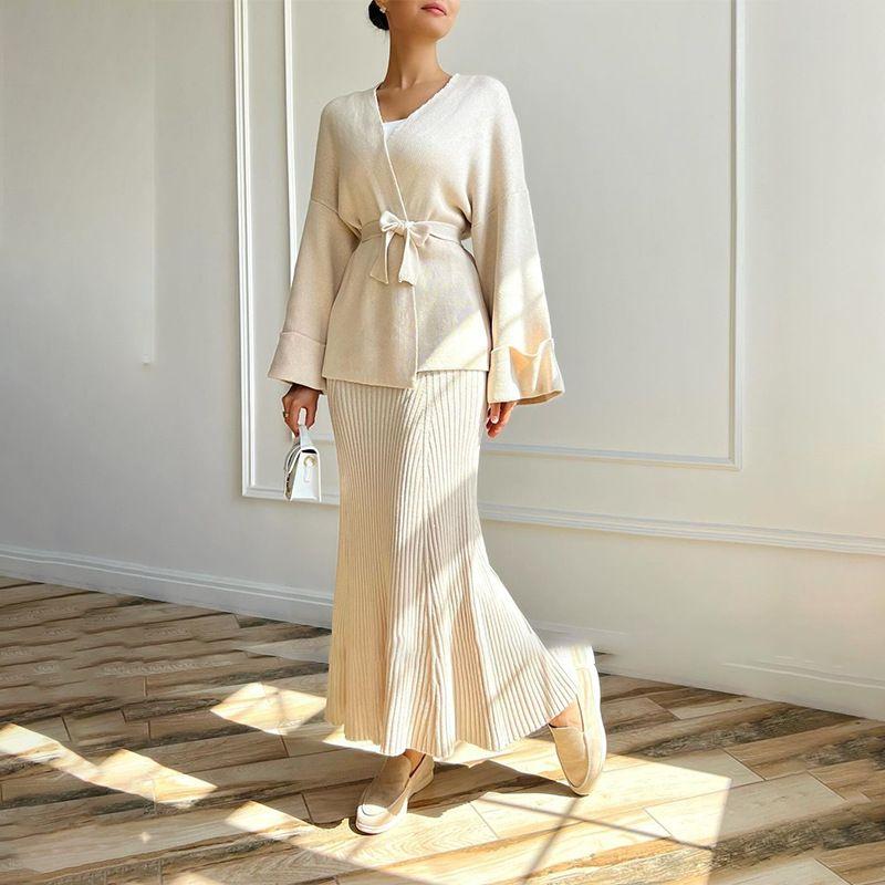 V-neck Lace-up Elegant High Waist Skirt 2 Pieces Knitting Suit Skirt 2-Piece Knitted Set