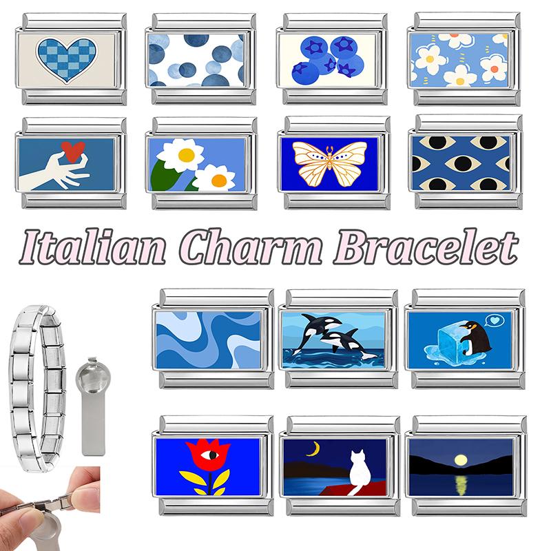 New Blue Pretty Scenery Butterfly Heart Flower Cat Moon Italian Charm Links Fit 9mm Stainless Steel Bracelet Jewelry DIY Making