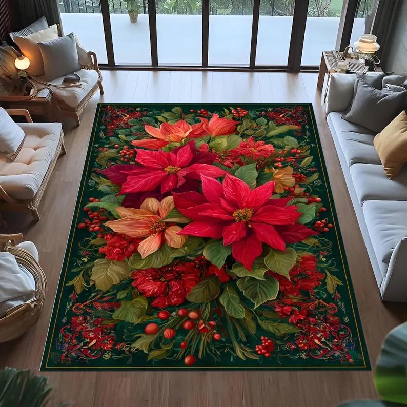 

Christmas Floral Rug,red Green Poinsettia Rug,holiday Decor Rug,classic Christmas Rug,vintage Festive Rug,living Room Xmas Rug, 40x60cm Flannel