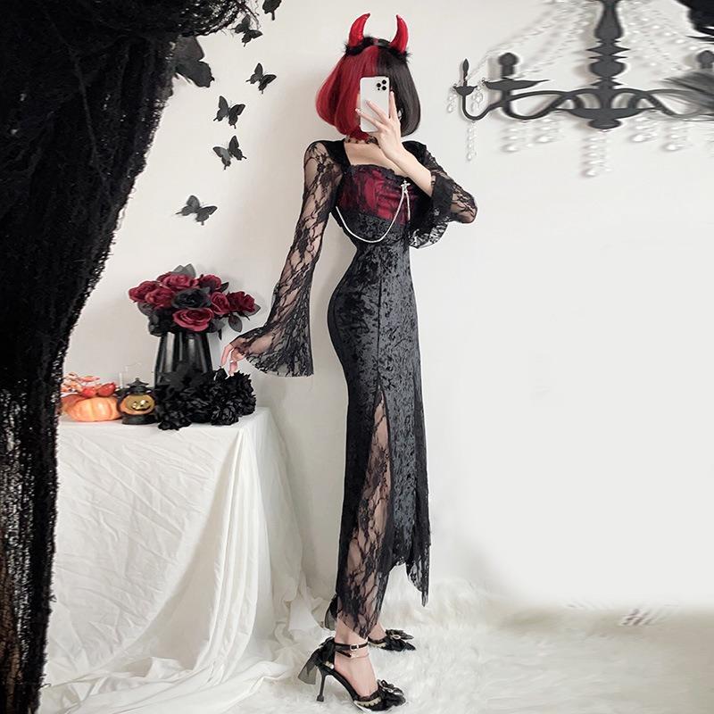 Dark goth halloween costume black dress witch long dress vampire bride outfit wind