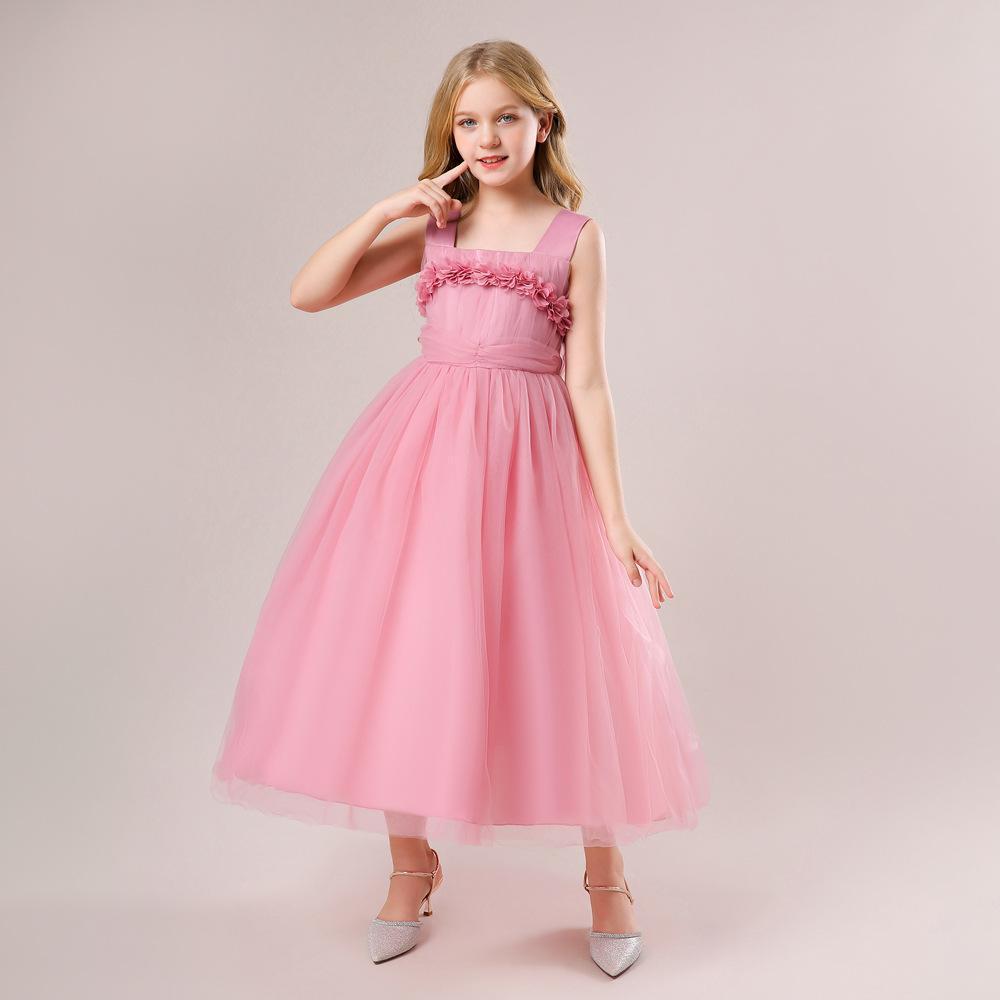 Children's 3D Floral Evening Dress - Long Puff Tulle for Piano Performance & Weddings