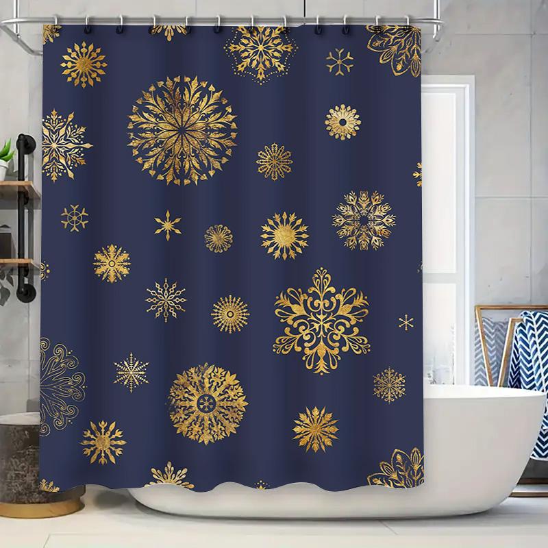 Luxurious Golden Snowflake Printed Blue Shower Curtain Home Decor Waterproof Privacy Shield 72X84In (183X213Cm)