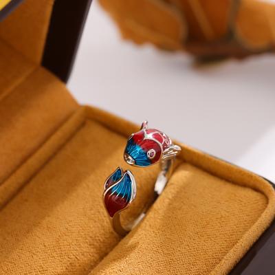 Kreativer Glücklicher Transfer Epoxid Blauer Karpfen 925 Sterling Silber Schmuck Persönlichkeit Bunter Fisch Süßes Tier Öffnungsringe R318