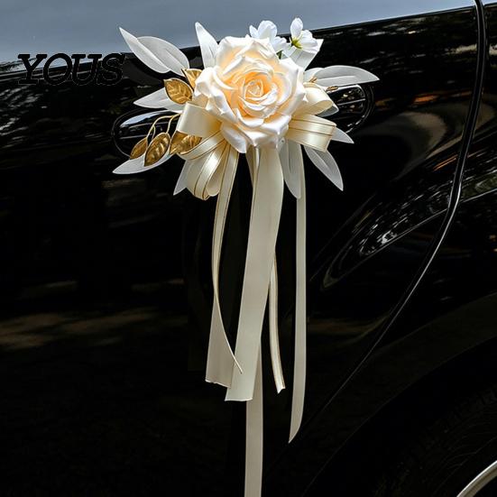 Boho Car Rearview Mirror Decor Wedding Artificial Champagne Rose, Door Handle Flower Rose with Satin Bow Ribbon Bow, Suction Cup, Bridal Floral