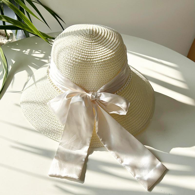 Hat Style Versatile Straw Woven Elegant Pearls Bow Womens Retro Sunshade Hats