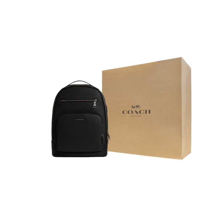 Coach 32 Solid Color Simple Zipper Closure Large Capacity Multifunctional Leather Backpack Men backpack Black CO992-QBBK