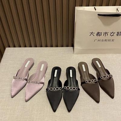 Thin Heel Premium Purple Niche Baotou Half Slippers Women's Outer Wear 2025 Spring and Summer Chain Temperament Cool Slippers