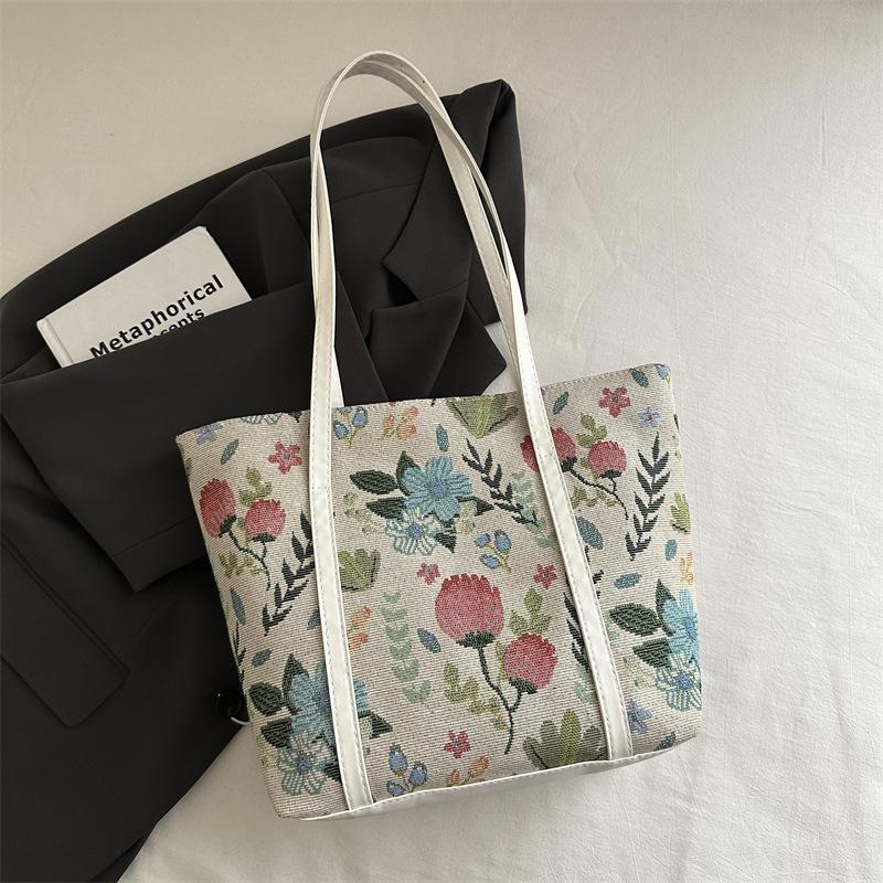 Large-capacity National Style Printed Bag Women's 2025 New Commuter Tote Bag Ins Summer Flower Class Shoulder Bag