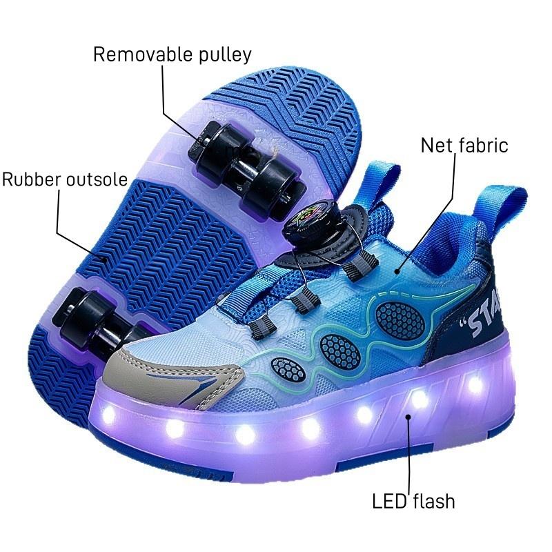 Children Roller Skating Shoes Anti-collision Durable Walking Shoes LED Lights USB Charging Four-wheel Skate Shoes for Kids