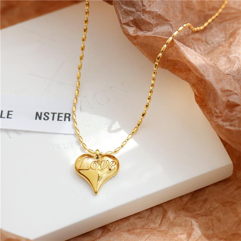 Gold 3D Heart LOVE Titanium Steel Necklace - Trendy Retro European & American Fashion for Women