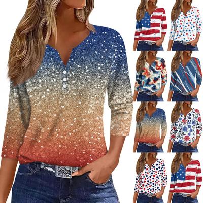 3/4 Kol Kadın Üstler Baskılı Vintage Moda Günlük Bol V Yaka Büyük Beden Gömlekler Bağımsızlık Günü