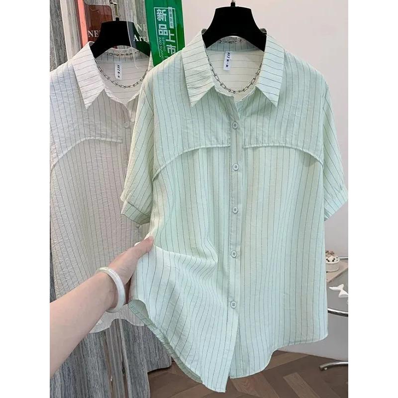 Women Striped Short Sleeve Shirt Blouse