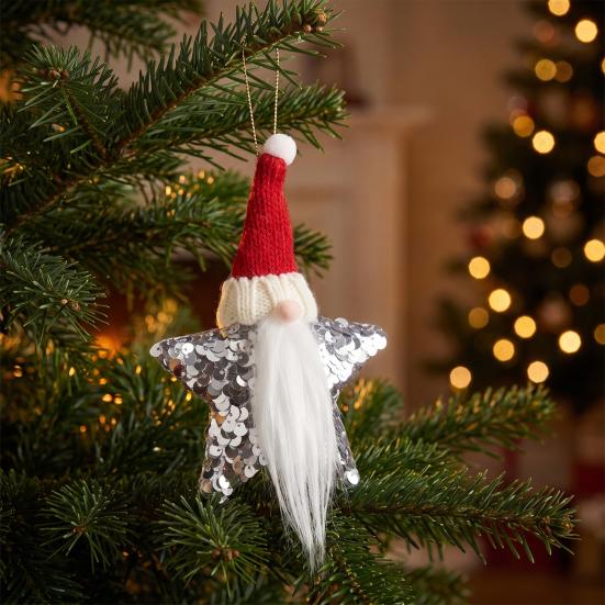 Soft Plush Decorative Figures Christmas Gnome Star Ornaments, Sparkly Faceless Dwarf Hanging Decoration with Knitted Sparkling Sequin Decor