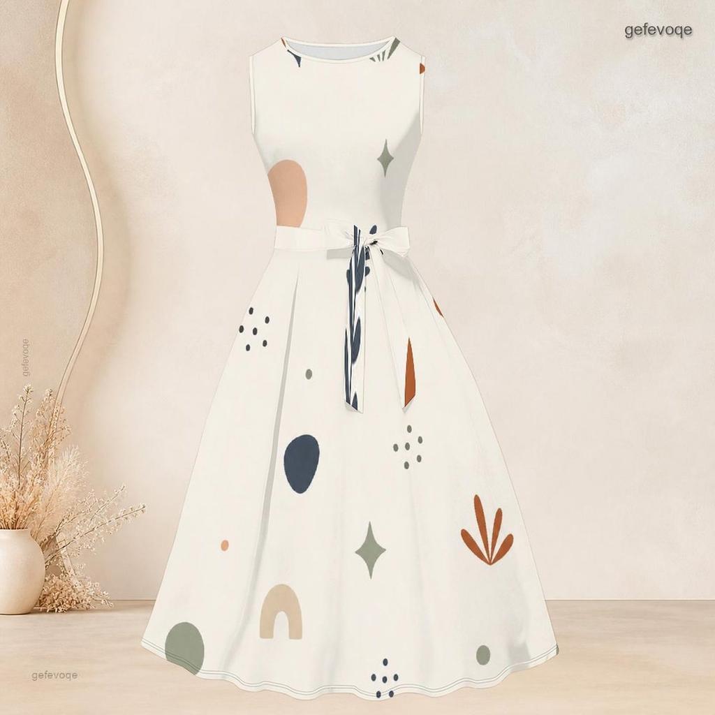 Women Plus Size Two Piece Set Sleeveless Crew Neck Tie Waist Flared Dress Long Sleeve Open Cardigan Geometric Printed Black Gold Gray