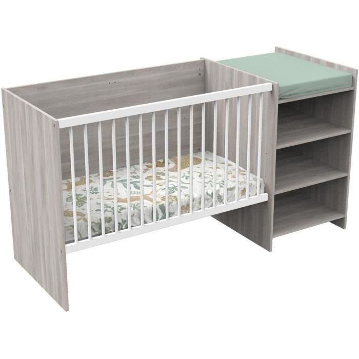Kombi-Babybett - 120x60cm - Umbaubar auf 90x190cm - Babyprice Up - Flint Oak - Mit Wickeltisch und Regal