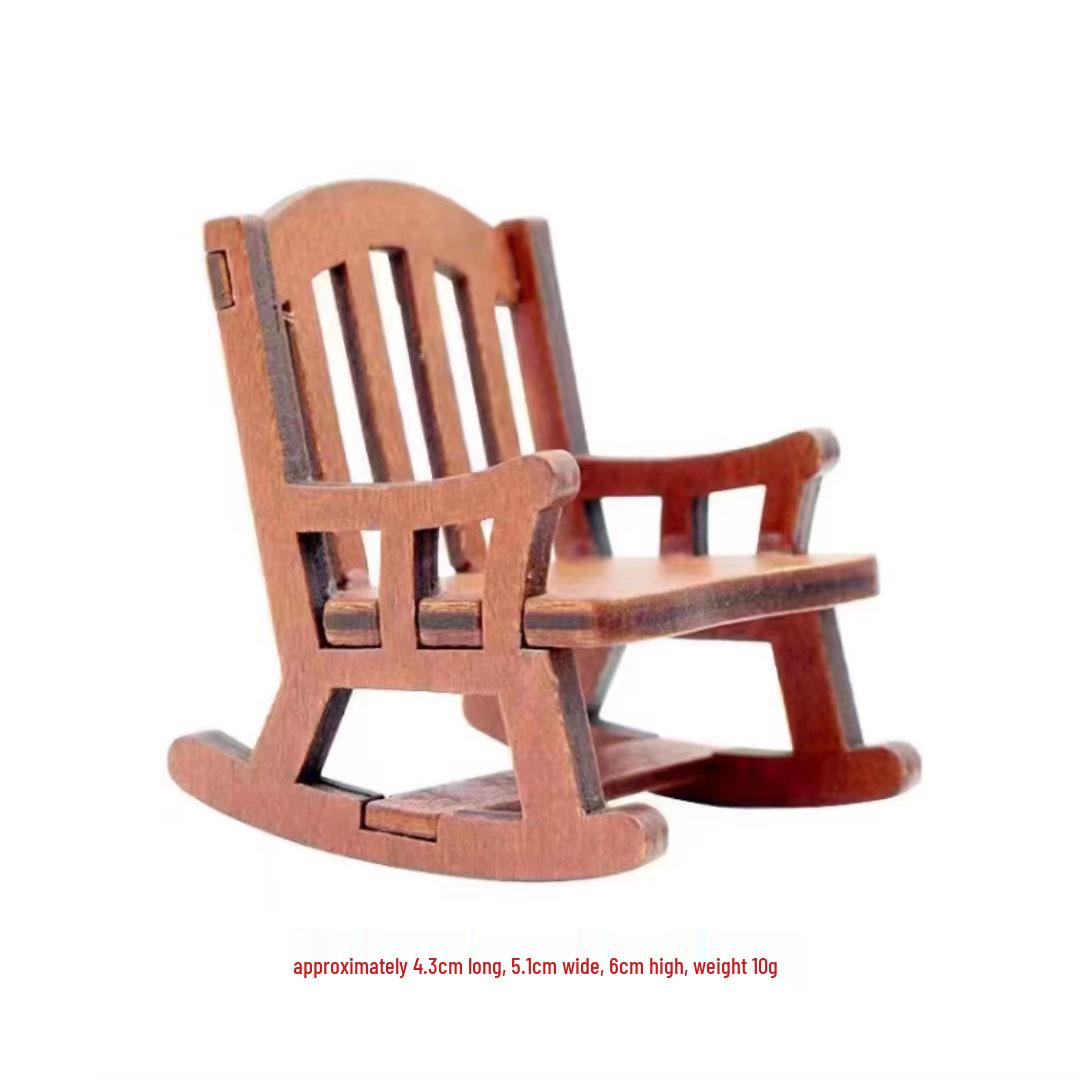 

Japanese Style Wooden Rocking Chair with Cat Figurine and Miniature Coffee Table Lamp Decor