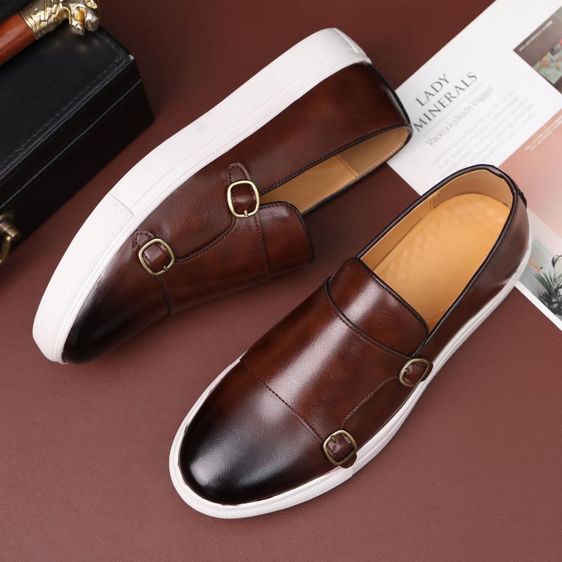 New Black Men Sneakers Slip-On Solid Double Buckle Brown Platform Shoes Men's Vulcanize Shoes  Size 38-46