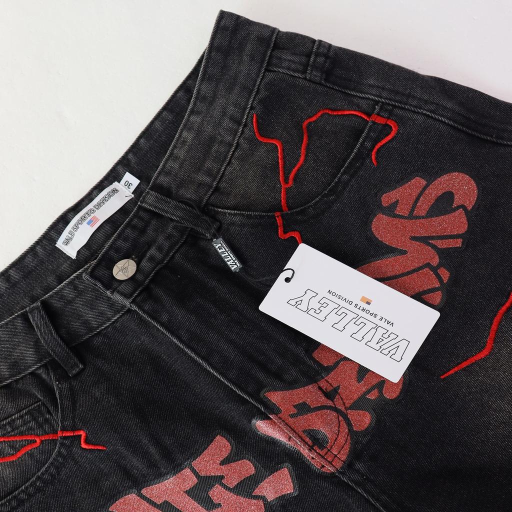 Men's Lightning Embroidery Denim Shorts, Dark Hip Hop Street Loose Knee Length Shorts With Graffiti Letter