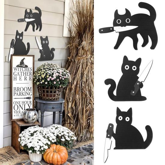 3Pcs/Set Holding Cutter Black Cat Decoration Farmhouse Rustic Wooden Halloween Cat Wall Art Home Bedroom Living Room Door Frame Decorative Sign