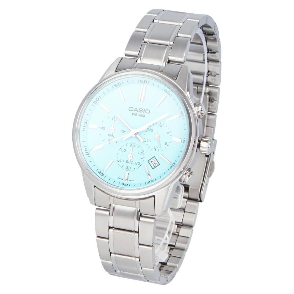 Casio Cheap Casio MTP-E515D-2A2 Men s Quartz Analog Chronograph Watch Stainless Steel Silver Turquoise