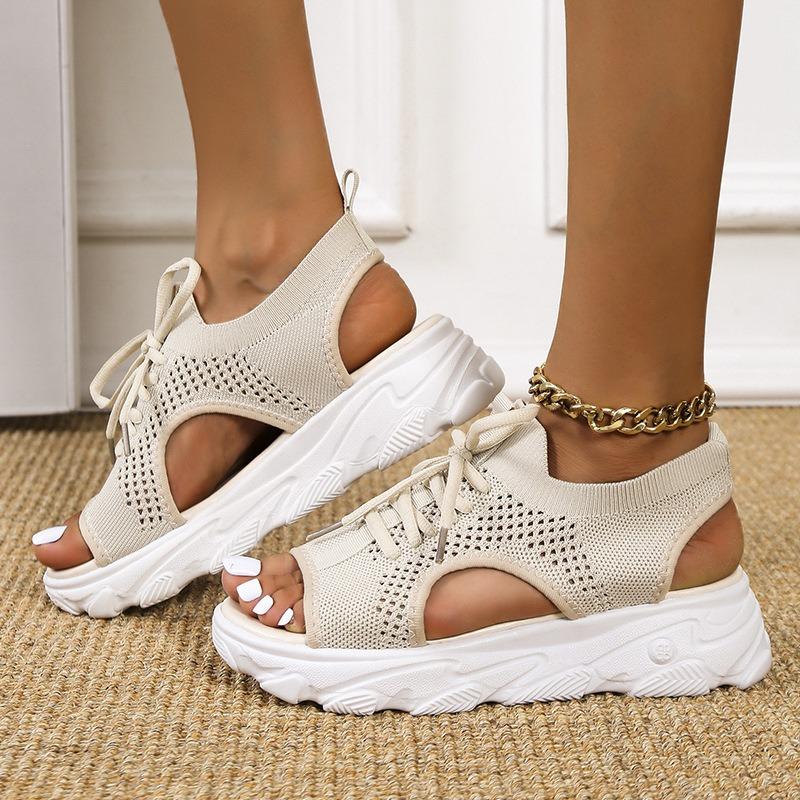 Spring and Summer New Wedge Heel Sandals Women's Flying Woven Breathable Mesh Hollow Muffin Fish Mouth Sandals