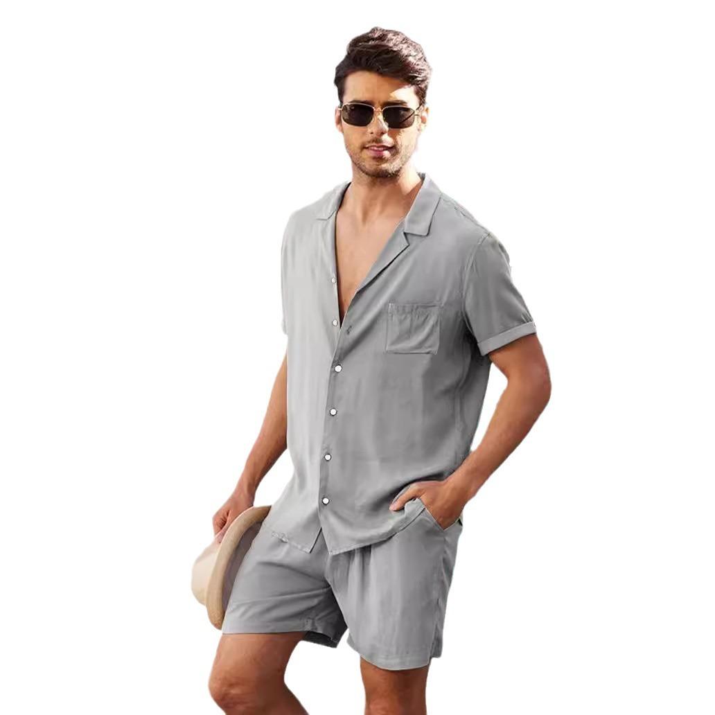 

Летний комплект из хлопка и льна, мужской повседневный уличный костюм из двух предметов, одежда для дома, удобные дышащие пляжные пижамы с короткими рукавами M серый