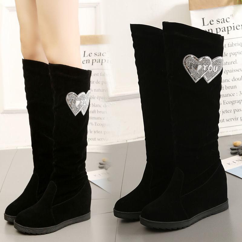 Autumn and Winter Velvet Medium and Long Boots High Heel Women's Suede Medium Boots Rhinestone Slope Heel Long Inner Height Increasing Women's Knig