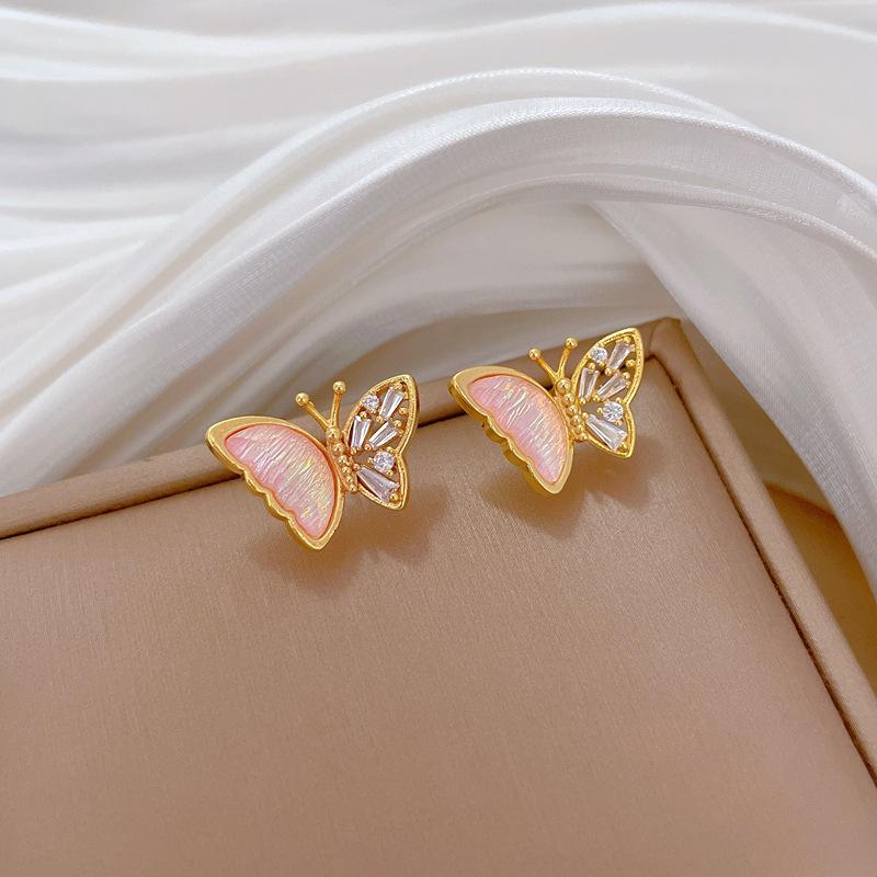 Necklace Earrings Set Light Luxury Full Of Diamonds Pink Butterfly Personality Temperament Banquet Earrings Item Group