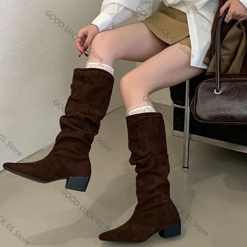 Fashion 2025 Design Pleated Woman Knee-High Boots Fashion Pointed Toe Long Booties Autumn Winter Square Heels Slim Shoes