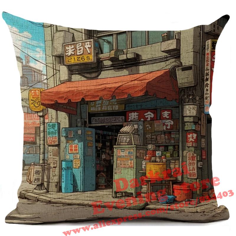 Cartoon Straßenecke Leinen Kissenbezug Japan Architekturstil Heimdekoration Wohnzimmer Sofa Dekokissen Hülle 45x45cm