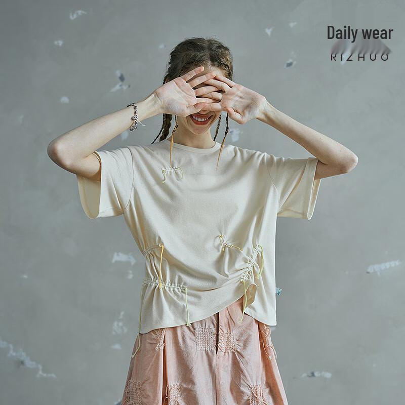 Rizhuo Women s Drawstring Knit Short Sleeve T-Shirt M бежевый