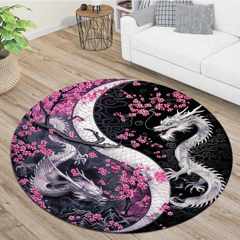 Tappeto Rotondo Design Sakura e Drago,Velluto di Cristallo Poliestere 800g/m²,Tappeto Decorativo Antiscivolo per Camera da Letto,Salotto,Stanza dei Giochi-Poly