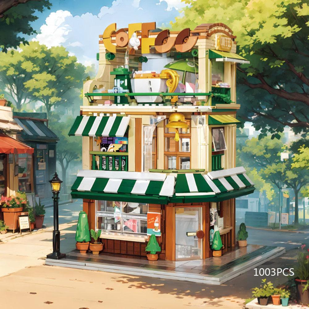 City Street View Building Bricks Coffee Wedding Shop Restaurant Mini Block Cafe House Garden Hotel Toys With Light For Gift
