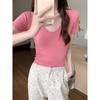 Solid color large neckline short-sleeved T-shirt for women summer new sweet hot girl slimming sexy versatile temperament short top