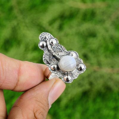 Rainbow Moonstone Stone Mother Flower Solitaire Ring Jewelry 925 Sterling Silver